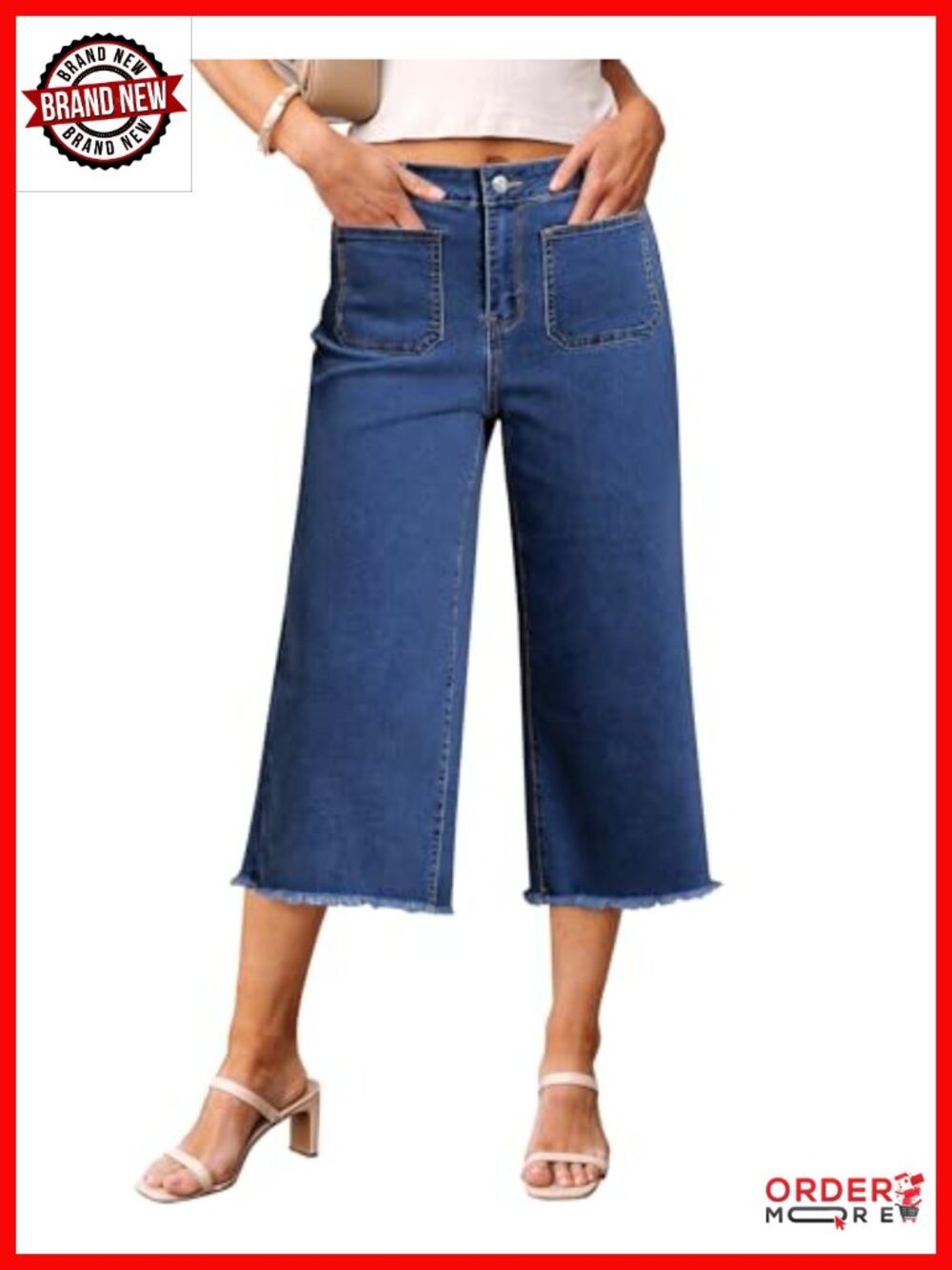 Wide Leg High Waisted Cropped Capri Jeans Stretch Frayed Hem